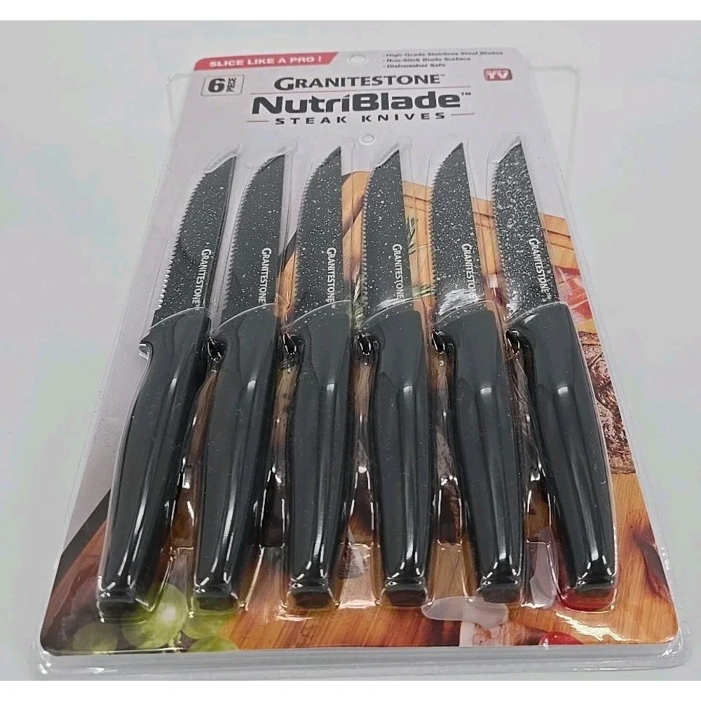 NEW Granitestone NutriBlade 6pc Stainless Steel Steak Knife Set Rust-Proof BLACK